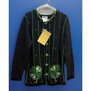 NWT Quacker Factory M Sweater Cardigan Irish Lucky Clover Embroidered Beaded QVC